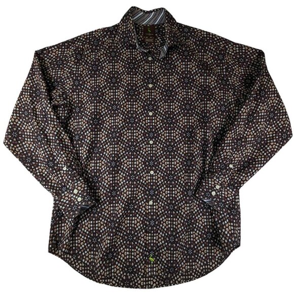 Tailorbyrd Button Up Shirt Mens Large Brown Geometric Print Flip Cuff Preppy - Picture 1 of 10